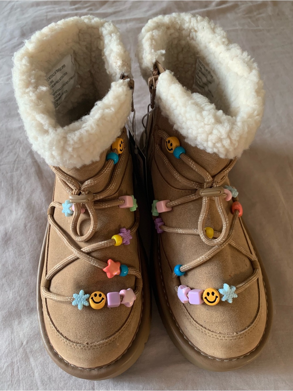 art class Tan Faux-Shearling Kids Winter Boots with Colorful Beads